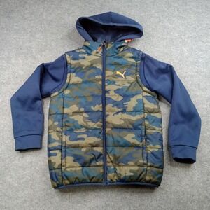 Puma Jacket Boys Medium 10-12 Blue Camo Hooded Full Zip Puffer Coat Warm